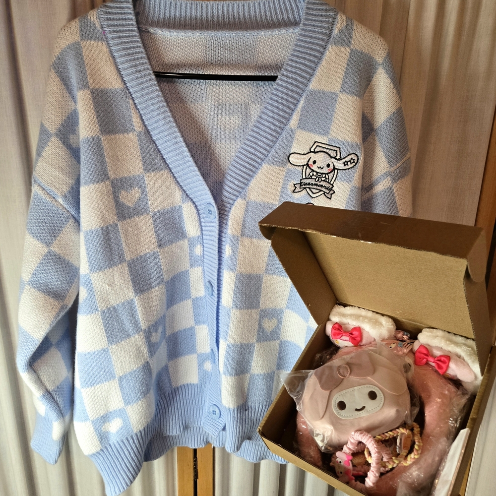 Blue and White Checkered Cardigan with Cute Character